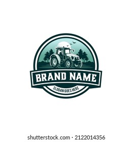 farm logo with tractor and nature backgorund in retro style