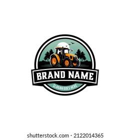 farm logo with tractor and nature backgorund in modern style