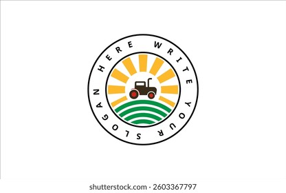 Farm Logo with Tractor Sun and Field Combination Vector.