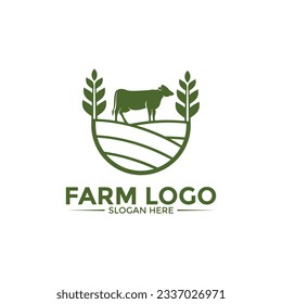 Farm logo vector, Cow or Cattle on field and wheat vector logo template