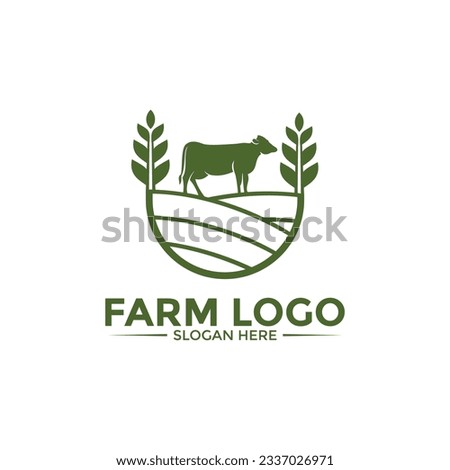 Farm logo vector, Cow or Cattle on field and wheat vector logo template