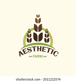Farm logo vector field design illustration. Agriculture green nature farm logo design template. Cow Farm Symbol Illustration. Vector line emblem with fields for natural farm products.