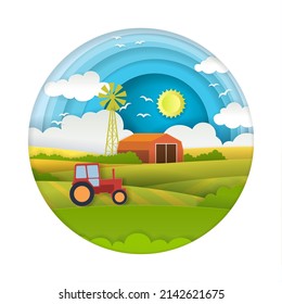 Farm Logo. Vector Village Ranch And Field Landscape. Nature And Agriculture. Rural House, Organic Harvest And Tractor Working Farmland Design