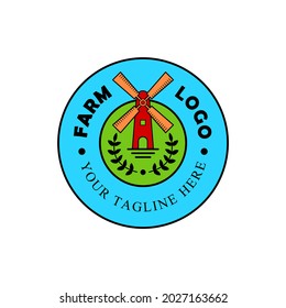 farm logo in vintage style. windmill logo with leaves and farm field scenery elements