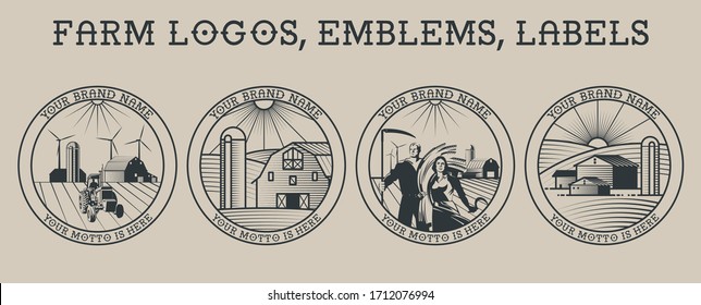 Logotipos, Emblemas, Etiquetas Impresiones De Sello De Estilo Retro, Granjas, Granjas, Agricultores, Tractores, Campos