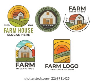 Farm Logos vector templates set with barn and farmer landscape. Locally grown badges design. Eco logotypes. Stock vector emblems isolated on white background