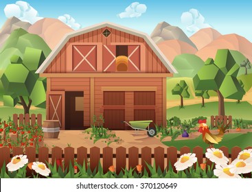 Farm low poly, vector background