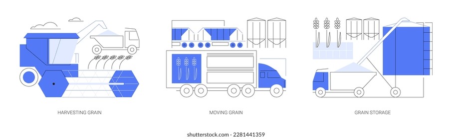 Farm machinery abstract concept vector illustration set. Harvesting grain on the field, moving wheat truck, grain auger, agricultural products storage, industrial transport abstract metaphor.