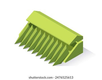 Farm machinery isometric icon. Agricultural equipment for harvesting crops and tillage. Tractor or bulldozer bucket with rake. 3D vector illustration isolated on white background