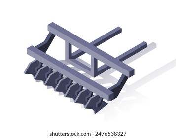 Farm machinery isometric icon. Agricultural equipment for tillage. Cultivator for plowing field and harvesting crops. Tractor plow. Cartoon 3D vector illustration isolated on white background