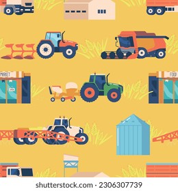 Farm Machinery Seamless Pattern. Repeating Design Featuring Various Agricultural Equipment Such As Tractors svg