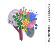 Farm mailbox with bouquet of peony, roses and bells flowers. Vector illustration isolated on white. Flat design.