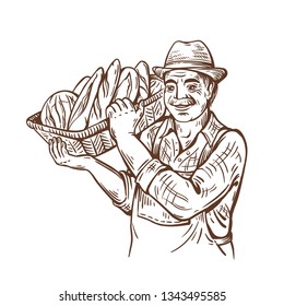 
Farm man with a basket of bread. In a hat and shirt. Rural portrait. Harvesting. Baking shop. Natural products.