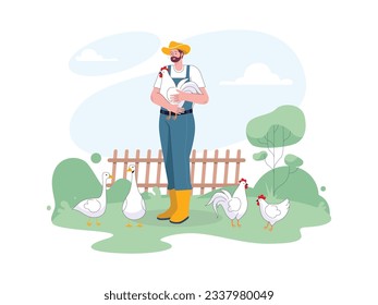 a farm man is carrying a rooster and he has many chickens, he has a large area for farming
flat design, vector illustration