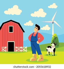 farm man and cow with windmill