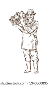 Farm man is standing man with basket of vegetables in hat. Rural portrait. Harvesting. ecological product store. Natural vegetables.