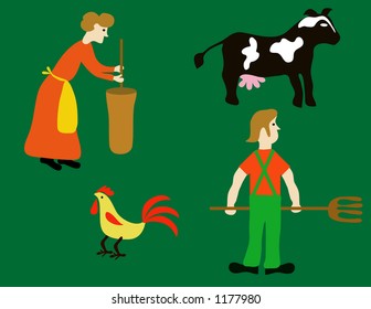 Farm, man, woman, cow and chicken. Design elements.