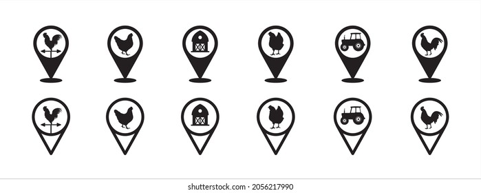 Farm map pin icon set. Farm land location pin map marker icons set. Chicken and rooster poultry place mark.