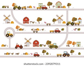 Farm map with roads, farmers, barn, country house, animals, tractor, windmill, hay stacks, fruit, vegetables, beehive, trees. Cute flat garden illustration