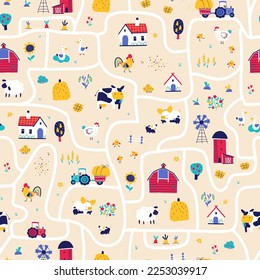 Farm map seamless pattern. Vector hand-drawn road with funny characters of pets, houses and barns with tractor and garden. Trendy doodle style, bright palette for baby prints