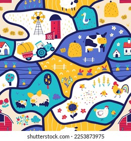 Farm map seamless pattern. Vector hand-drawn road with funny characters of pets, houses and barns with tractor and garden. Trendy doodle style, bright palette for baby prints