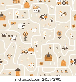 Farm map seamless pattern. Vector hand-drawn road with funny characters of pets, houses and barns with tractor and garden. Trendy doodle Scandinavian style, beige neutral palette