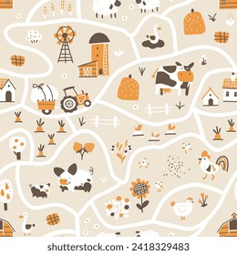 Mapa de granja sin problemas. Carretera vectorial hecha a mano con graciosos personajes de mascotas, casas y graneros con tractor y jardín. Doodle a la moda estilo escandinavo, paleta beige neutro