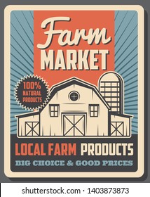 Farm Market Agriculture Food And Local Farming Products Trade Vintage Poster. Vector Farmland Barley Barn House, Natural Organic Farmer Wheat And Rye Premium Agrarian Food Market