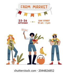 Farm Market banner. Farmer women in modern style. Harvest Festival or Eat Local concept. Girl power. Buy fresh organic products from the local farmer’s market. Cartoon vector illustration