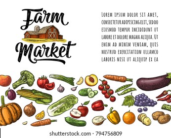 Farm market calligraphic lettering with vegetables and fruits. Vector engraving vintage color illustration. Isolated on white background. For logotype, label, badges, poster, web icon