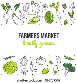 
Farm market concept banner with text place. Fresh vegetables poster. Sketch style vector illustration.