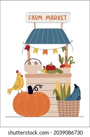 Farm Market or Eat Local concept. Selling fruits and vegetables. Buy fresh organic products from the local farmer’s market. Cartoon vector illustration