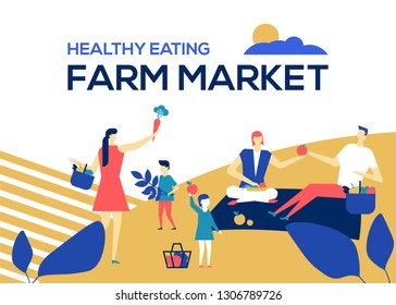Farm market - flat design style colorful illustration. High quality banner with male, female characters, children and adults on a picnic, holding fresh vegetables. Healthy eating, organic food concept