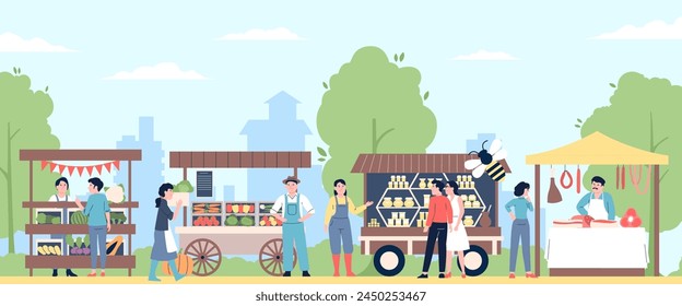 Farm market flat scene. Weekly morning markets on city park. Fresh fruits, agriculture seasonal products. Harvest time, recent vector concept