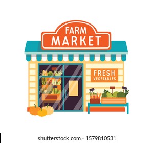 Farm market flat vector illustration. Food store building exterior. Vegetable shop facade with signboard isolated on white background. Kiosk with fresh veggies. Grocery with corn at showcase.