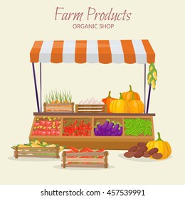 Farm market fruit shop infographic elements. Modern flat style fresh vegetables on vector illustration isolated.