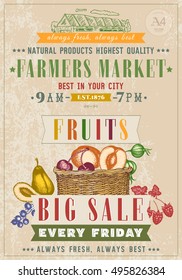 Farm market fruit shop retro poster basket with fresh fruit vegan 