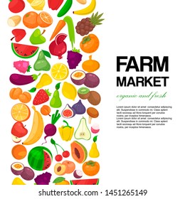 Farm market with fruit and vegetables banner vector illustration. Organic, fresh and natural food products. Banana, watermelon, plum, pineapple and lemon. Healthy eating.