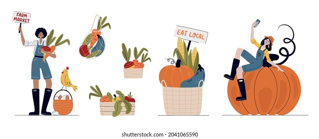 Farm Market, Harvest festival or Eat Local concept. Set of farmer women in modern style with vegetables. Buy fresh organic products from the local farmer’s market. Cartoon vector illustration