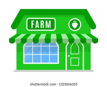 Farm market icon, shop, symbol, store. The facade of the building with awning in flat style. Stylish cartoon image. Vector illustration isolated on white background. Sign of the house is green color.