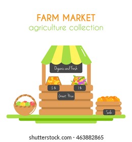 Farm market illustration. Vector stall with fruits and veggies. Stand with organic food. Farm fresh vegetables. Vegan store. Flat argiculture collection.
