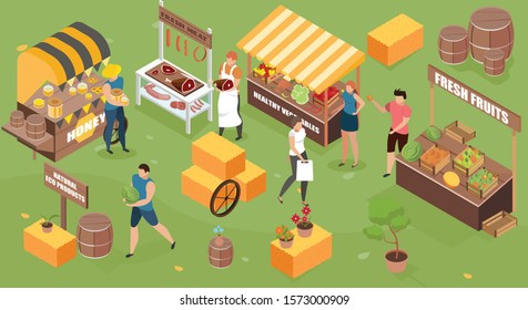 Farm market isometric composition with outdoor scenery people and market stalls with organic self-made products vector illustration