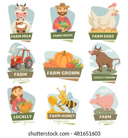 Farm market label and badge set. Cow with milk, pig, farmer men, women, harvest, pig, tractor, bull, hen on egg, bee, honey, meet. Farmer fair logo. Natural food, organic product, locally grown.