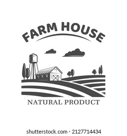 Farm market label isolated on white background. Village and landscape agriculture emblem. Vector illustration