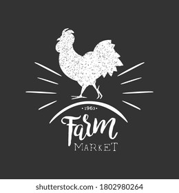 Farm Market Label with Rooster Silhouette, Restaurant Menu, Meat Store, Butcher Shop Retro Badge, Emblem Vector Illustration