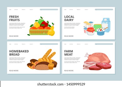 Farm market landing page. Vector web page template with meat, fruits, dairy