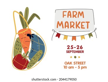 Farm Market poster, banner. Eco String bag with vegetables in modern style. Harvest festival or Eat Local concept. Buy fresh organic products from the local farmer’s market. Vector illustration