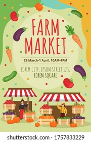Farm market poster template with inscription vector illustration. Juicy fresh vegetables and red lettering flat style. Address information about event. Harvest concept