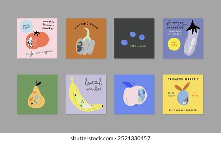 Farm market posters. Vegetables, ftuits, berries