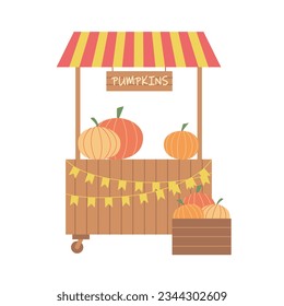 Farm market stall with pumpkins. Seasonal harvest for sale on market. Local production of vegetables. Vector illustration in flat style